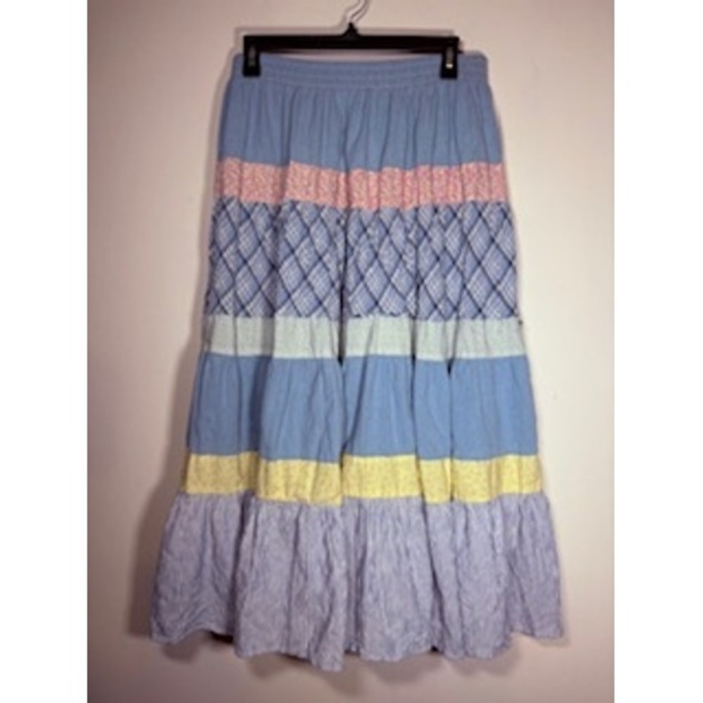 NAPA VALLEY Maxi Skirt L Blue Patchwork Tiered Boho Cottagecore Prairie Peasant